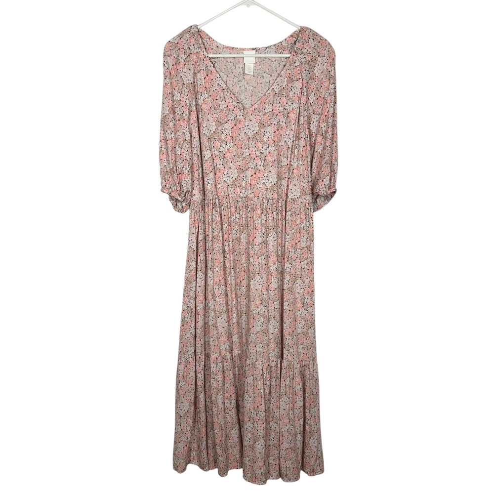 HM Pink Floral V-Neck Tiered Maxi Dress Short Puff Sleeve Viscose Size M